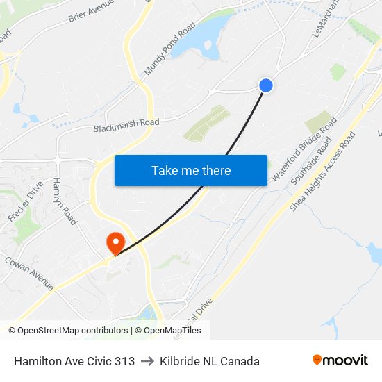 Hamilton Ave Civic 313 to Kilbride NL Canada map
