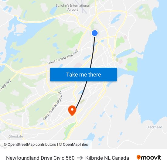 Newfoundland Drive Civic 560 to Kilbride NL Canada map