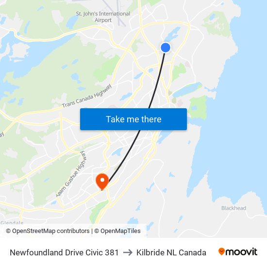 Newfoundland Drive Civic 381 to Kilbride NL Canada map