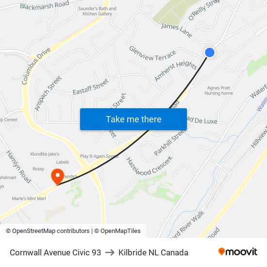 Cornwall Avenue Civic 93 to Kilbride NL Canada map