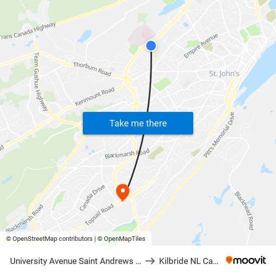 University Avenue Saint Andrews School to Kilbride NL Canada map