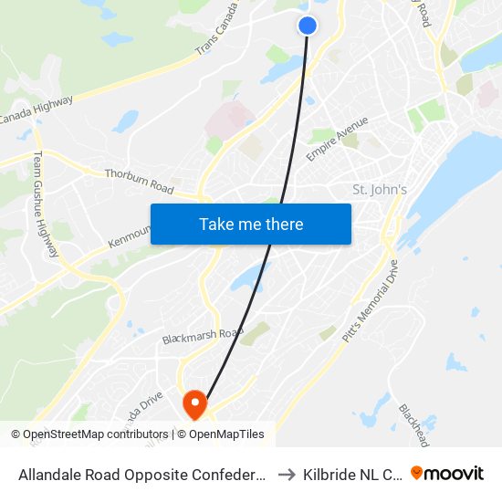 Allandale Road Opposite Confederation Building to Kilbride NL Canada map