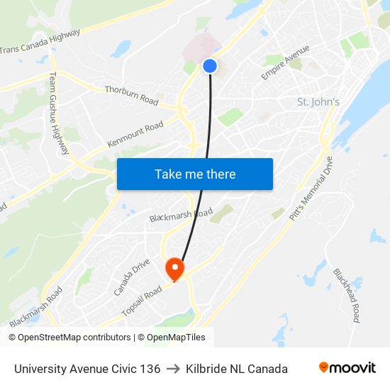 University Avenue Civic 136 to Kilbride NL Canada map
