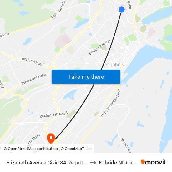 Elizabeth Avenue Civic 84 Regatta Plaza to Kilbride NL Canada map