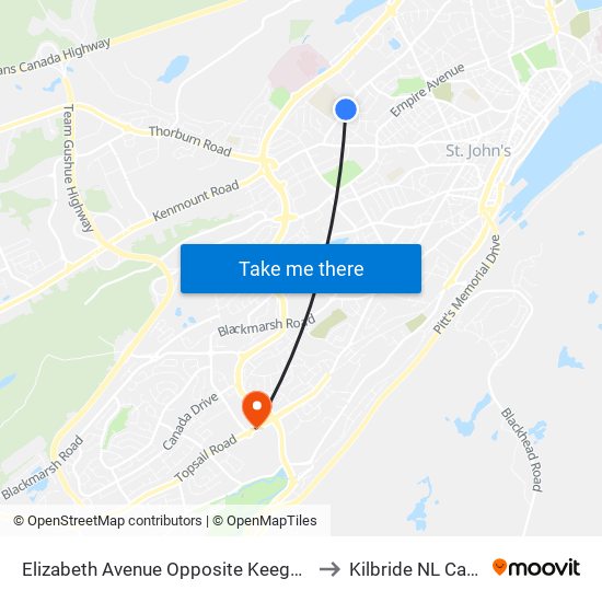Elizabeth Avenue Opposite Keegan Court to Kilbride NL Canada map