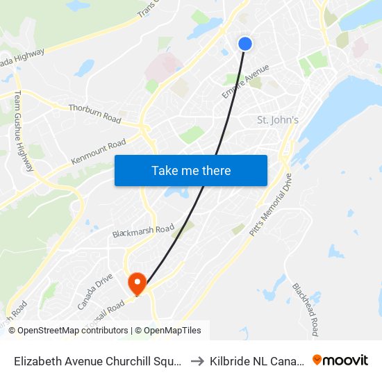 Elizabeth Avenue Churchill Square to Kilbride NL Canada map