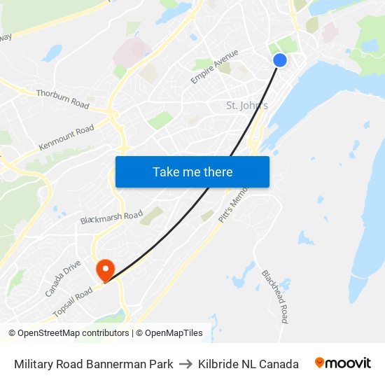 Military Road Bannerman Park to Kilbride NL Canada map