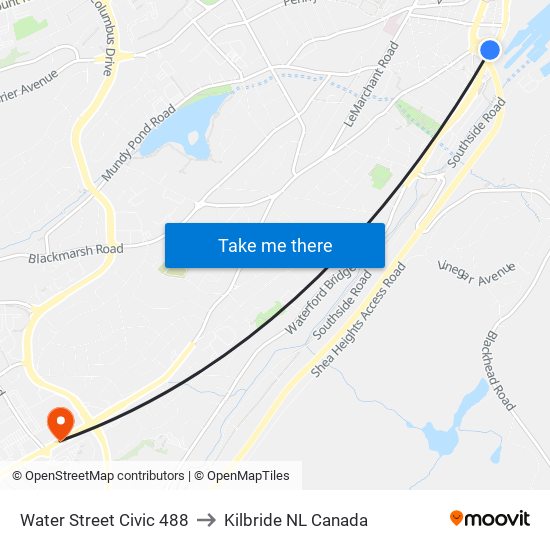 Water Street Civic 488 to Kilbride NL Canada map