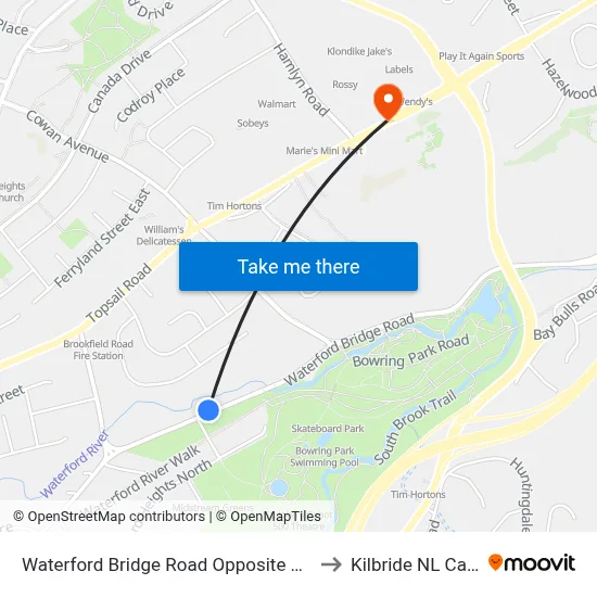 Waterford Bridge Road Opposite Park Road to Kilbride NL Canada map