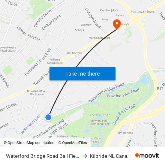 Waterford Bridge Road  Ball Field to Kilbride NL Canada map