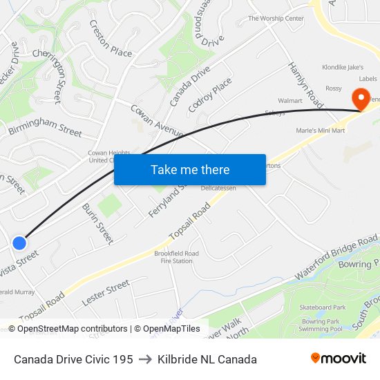 Canada Drive Civic 195 to Kilbride NL Canada map