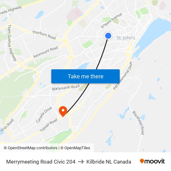 Merrymeeting Road Civic 204 to Kilbride NL Canada map