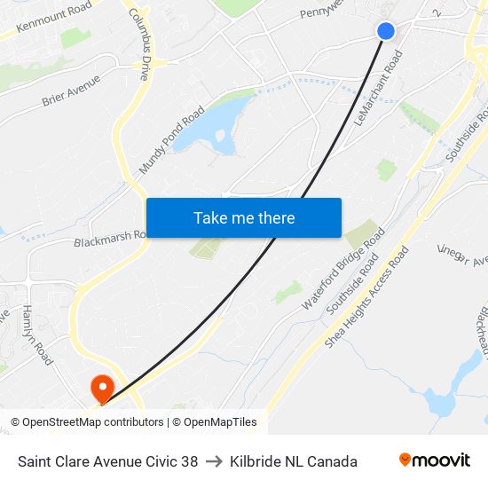 Saint Clare Avenue Civic 38 to Kilbride NL Canada map