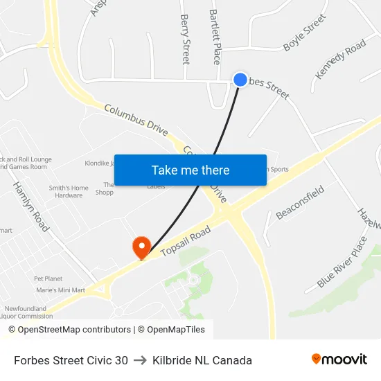 Forbes Street Civic 30 to Kilbride NL Canada map