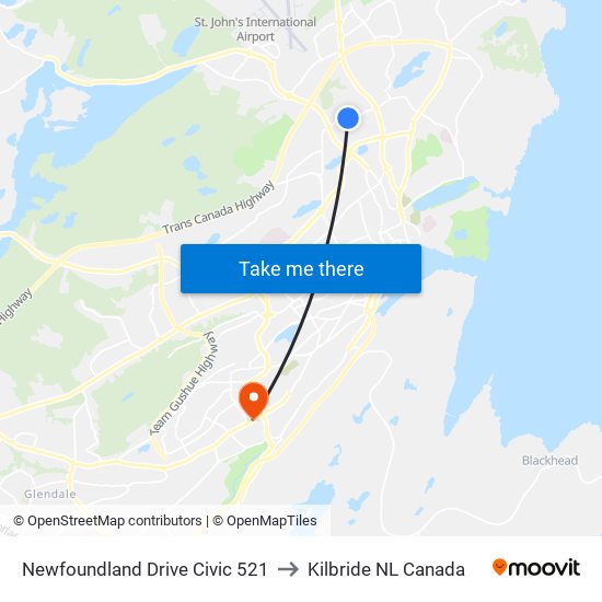 Newfoundland Drive Civic 521 to Kilbride NL Canada map