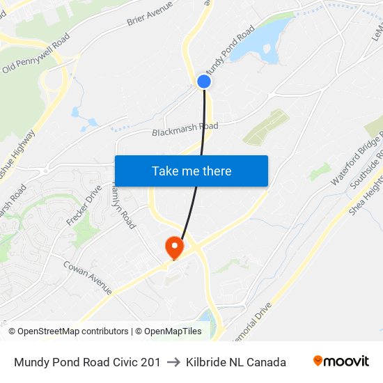 Mundy Pond Road Civic 201 to Kilbride NL Canada map