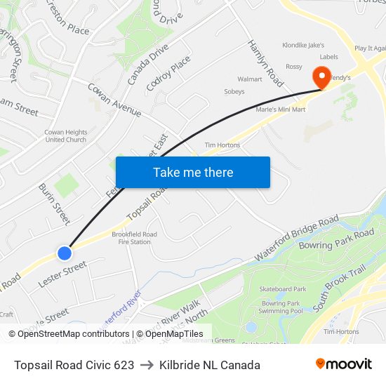 Topsail Road Civic 623 to Kilbride NL Canada map