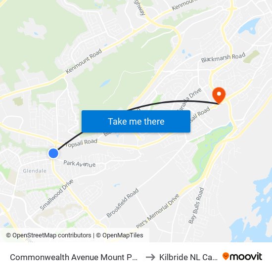 Commonwealth Avenue Mount Pearl Plaza to Kilbride NL Canada map