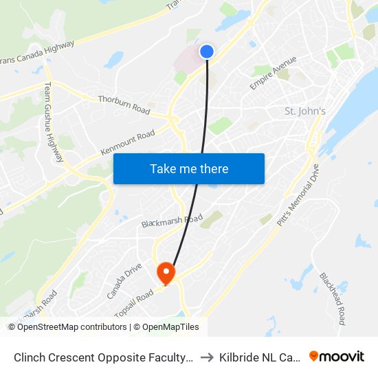 Clinch Crescent Opposite Faculty Of Med to Kilbride NL Canada map