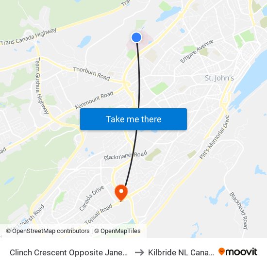 Clinch Crescent Opposite Janeway to Kilbride NL Canada map