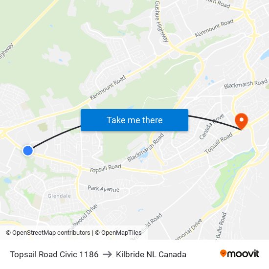 Topsail Road Civic 1186 to Kilbride NL Canada map