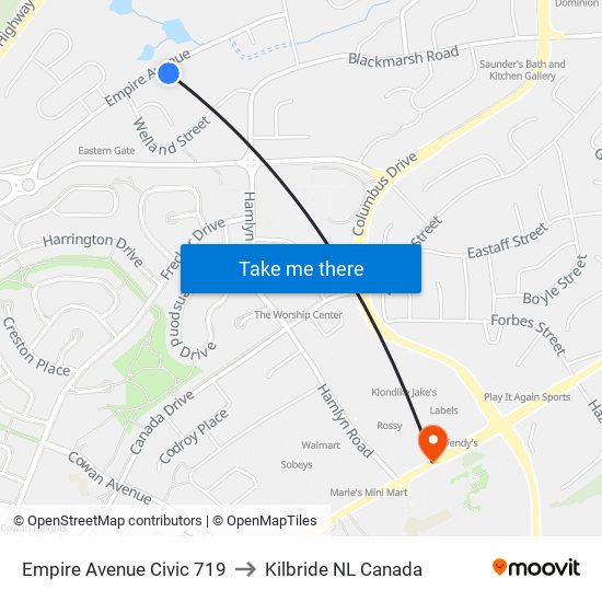 Empire Avenue Civic 719 to Kilbride NL Canada map