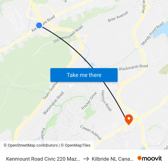 Kenmount Road Civic 220 Mazda to Kilbride NL Canada map