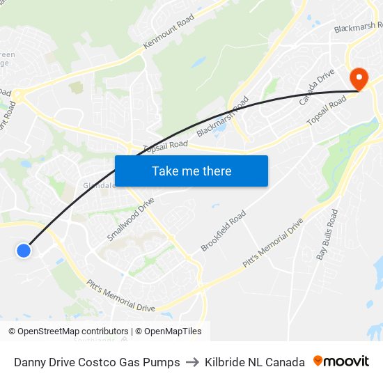 Danny Drive Costco Gas Pumps to Kilbride NL Canada map