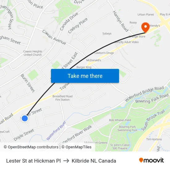 Lester St at Hickman Pl to Kilbride NL Canada map