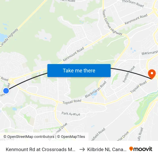 Kenmount Rd at Crossroads Motel to Kilbride NL Canada map