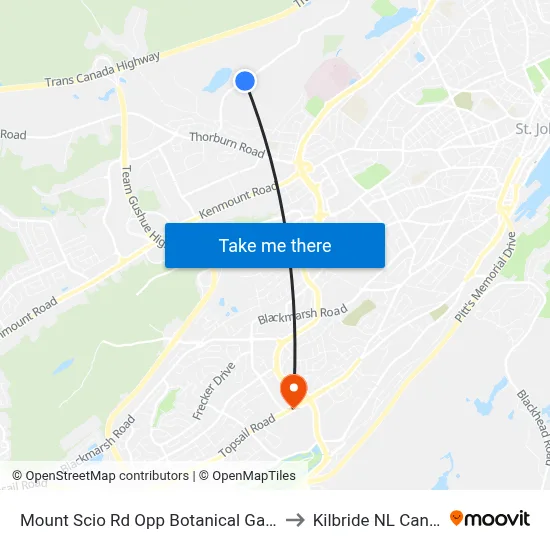 Mount Scio Rd Opp Botanical Gardens to Kilbride NL Canada map
