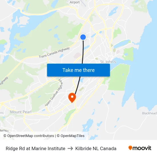 Ridge Rd at Marine Institute to Kilbride NL Canada map