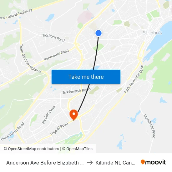 Anderson Ave Before Elizabeth Ave to Kilbride NL Canada map