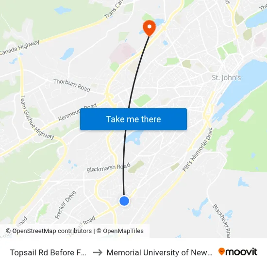 Topsail Rd Before Forbes St to Memorial University of Newfoundland map