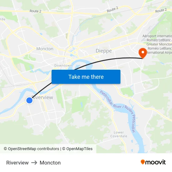 Riverview to Moncton map