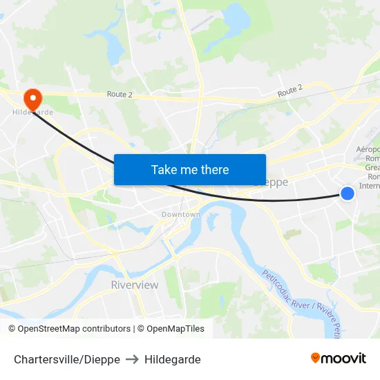 Chartersville/Dieppe to Hildegarde map