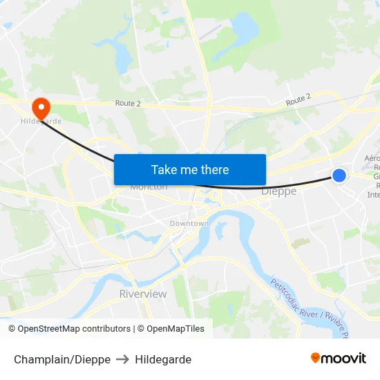 Champlain/Dieppe to Hildegarde map