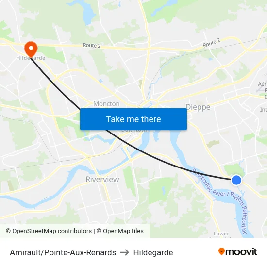 Amirault/Pointe-Aux-Renards to Hildegarde map