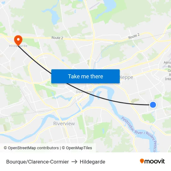Bourque/Clarence-Cormier to Hildegarde map
