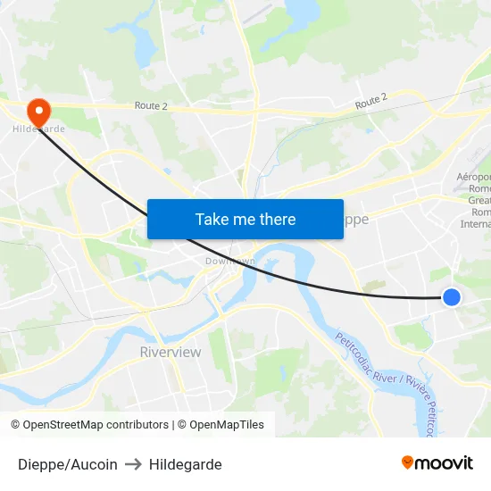 Dieppe/Aucoin to Hildegarde map