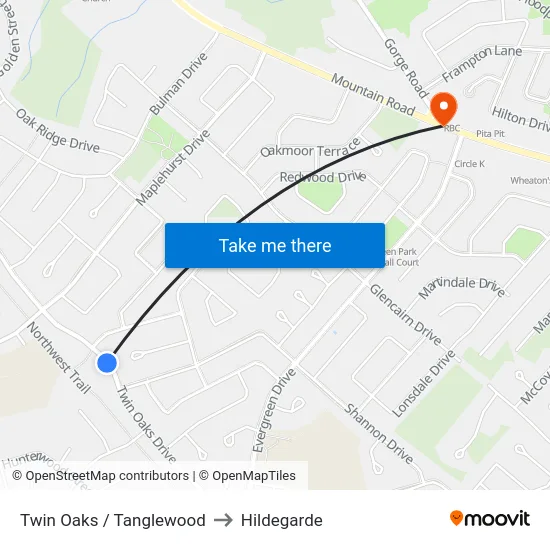 Twin Oaks / Tanglewood to Hildegarde map
