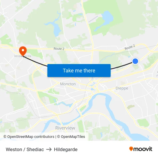 Weston / Shediac to Hildegarde map