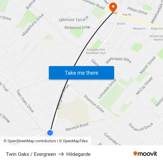 Twin Oaks / Evergreen to Hildegarde map