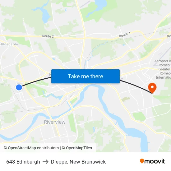 648 Edinburgh to Dieppe, New Brunswick map