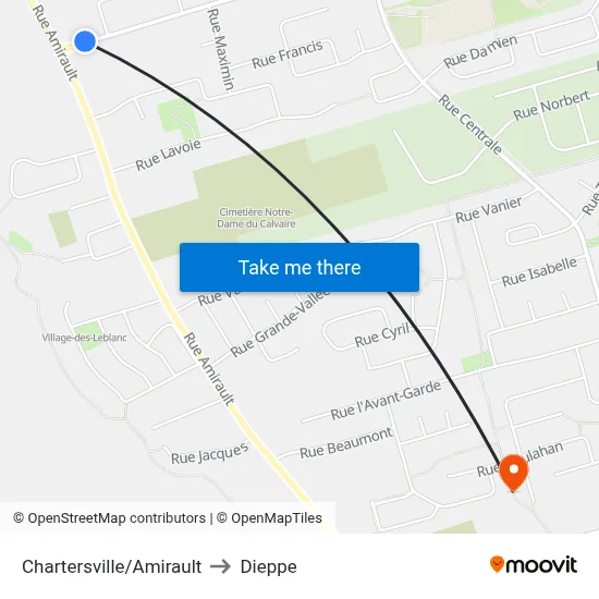 Chartersville/Amirault to Dieppe map