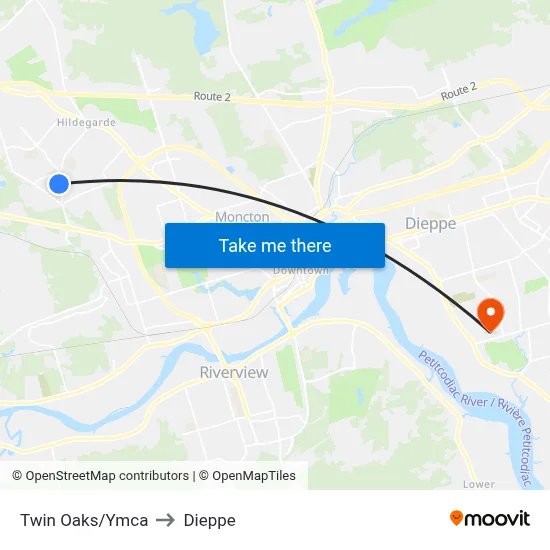 Twin Oaks/Ymca to Dieppe map