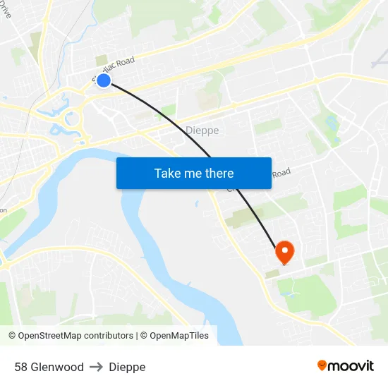 58 Glenwood to Dieppe map