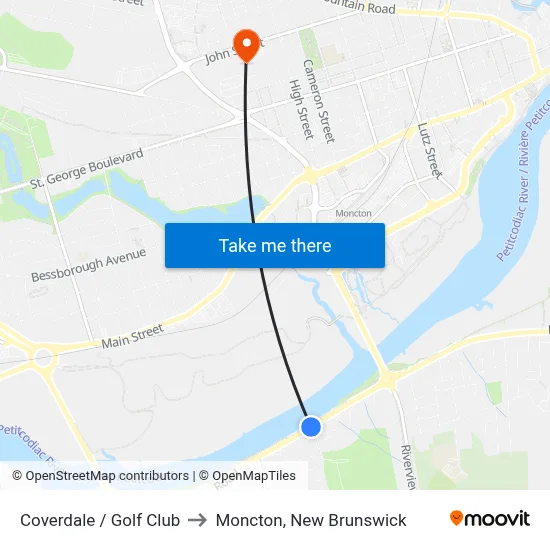 Coverdale / Golf Club to Moncton, New Brunswick map