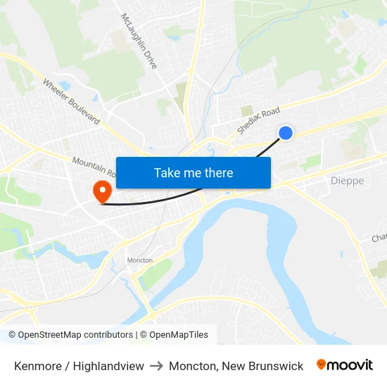 Kenmore / Highlandview to Moncton, New Brunswick map