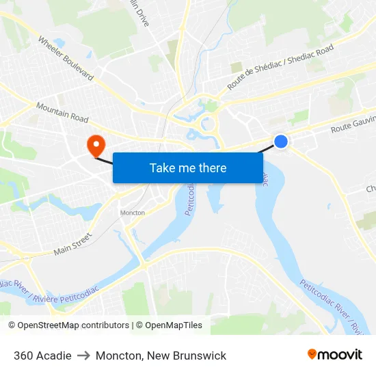 360 Acadie to Moncton, New Brunswick map